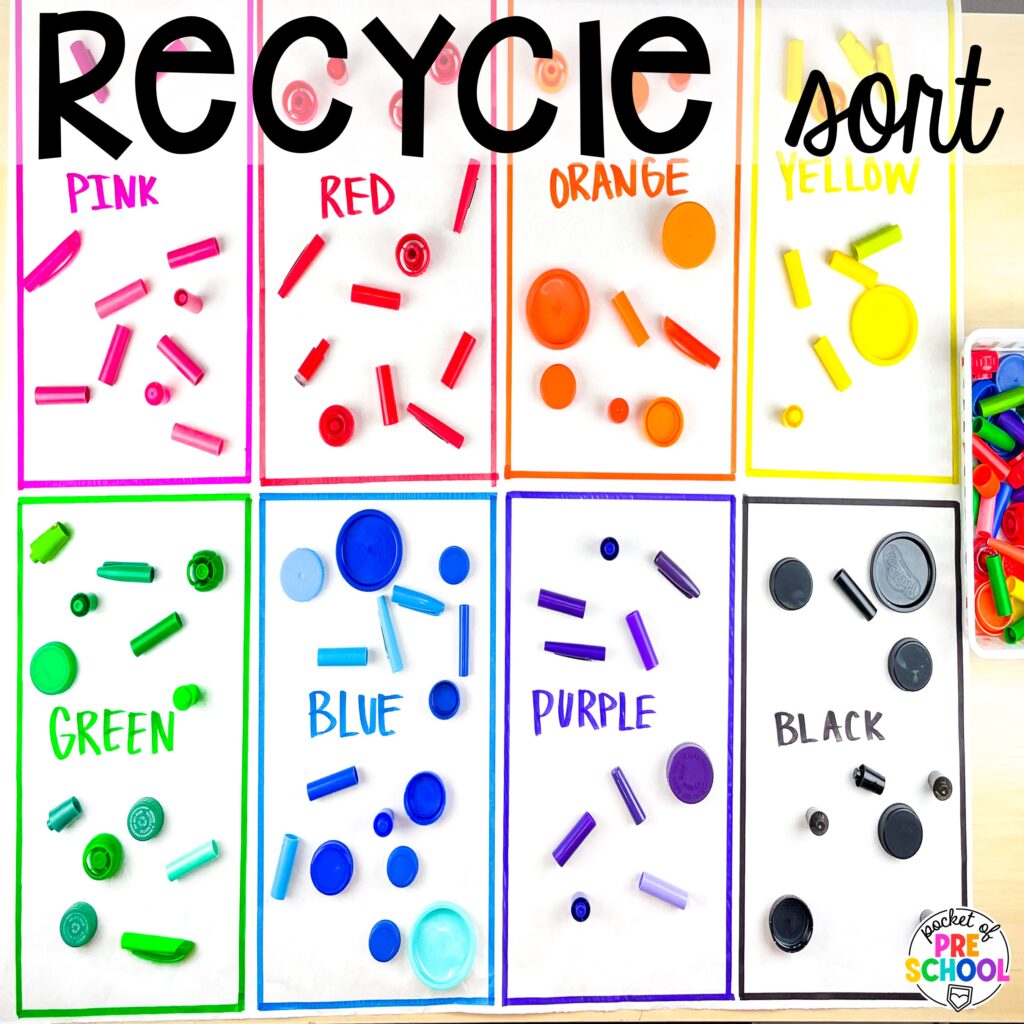 Recycle sort! Community helpers butcher paper activities for literacy, math, and fine motor for preschool, pre-k, and kindergarten.