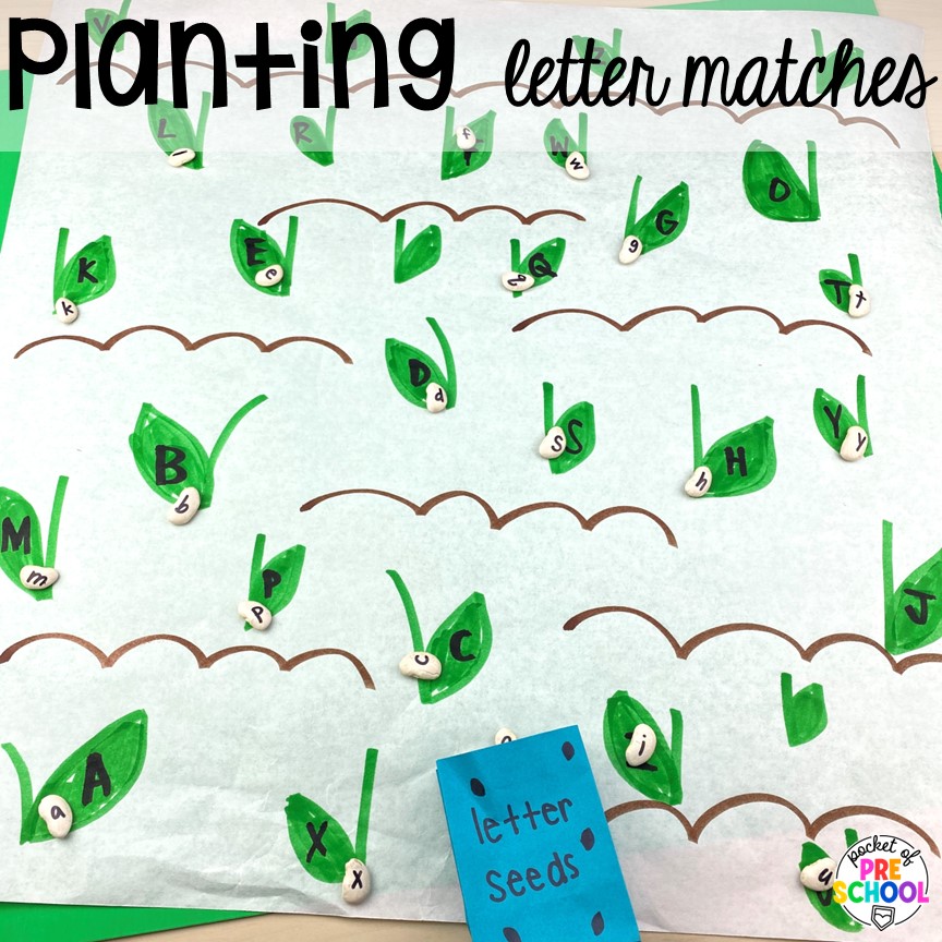 Planting letter matches! Fairy Tales activities for every center plus a shape crown freebie all designed for preschool, pre-k, and kindergarten #fairytalestheme #preschool #prek #kindergarten