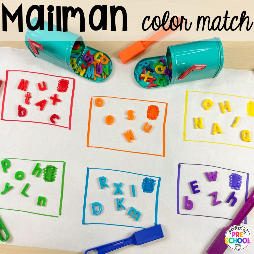 Mailman color match! Community helpers butcher paper activities for literacy, math, and fine motor for preschool, pre-k, and kindergarten.