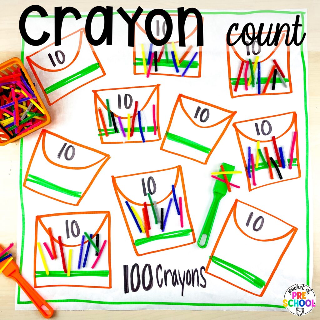 Crayon count! School theme activities and centers (letters, counting, fine motor, sensory, blocks, science)! Preschool, pre-k, and kindergarten will love it. #schooltheme #schoolactivities #preschool #prek #backtoschool #kindergarten