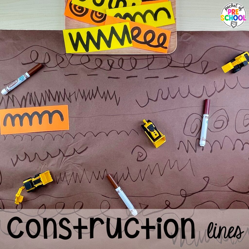 Construction lines! Community helpers butcher paper activities for literacy, math, and fine motor for preschool, pre-k, and kindergarten.