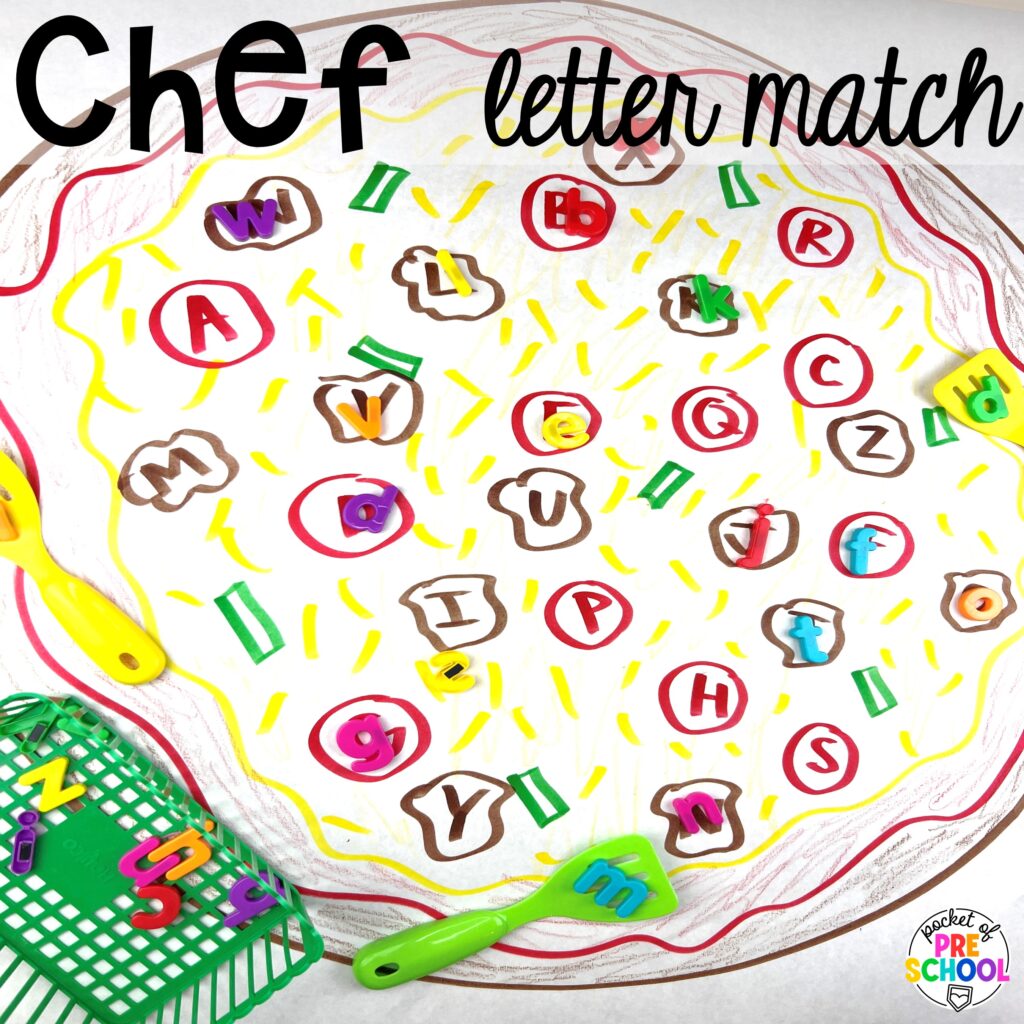 Chef letter match! Community helpers butcher paper activities for literacy, math, and fine motor for preschool, pre-k, and kindergarten.