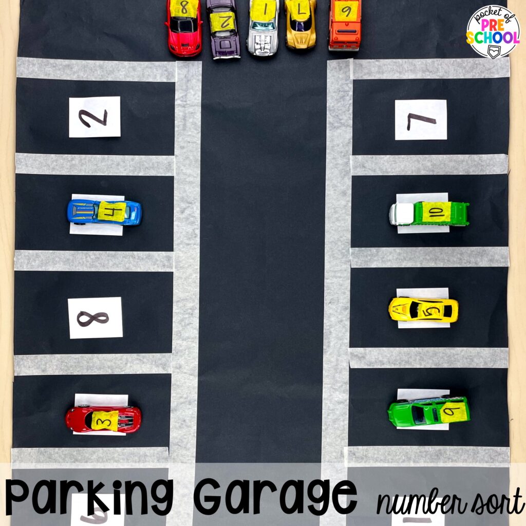 Parking garage number sort! Community helpers butcher paper activities for literacy, math, and fine motor for preschool, pre-k, and kindergarten.