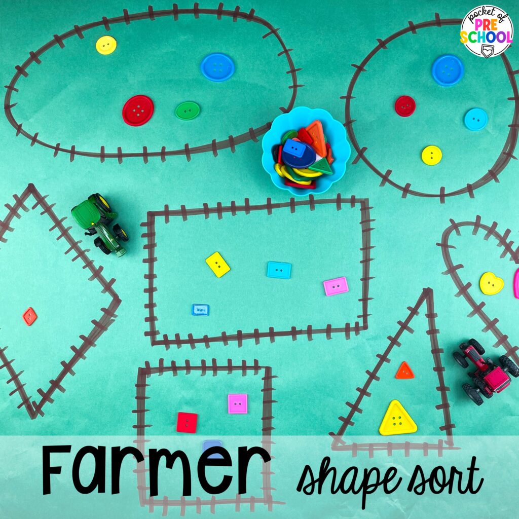 Farmer shape sort! Community helpers butcher paper activities for literacy, math, and fine motor for preschool, pre-k, and kindergarten.