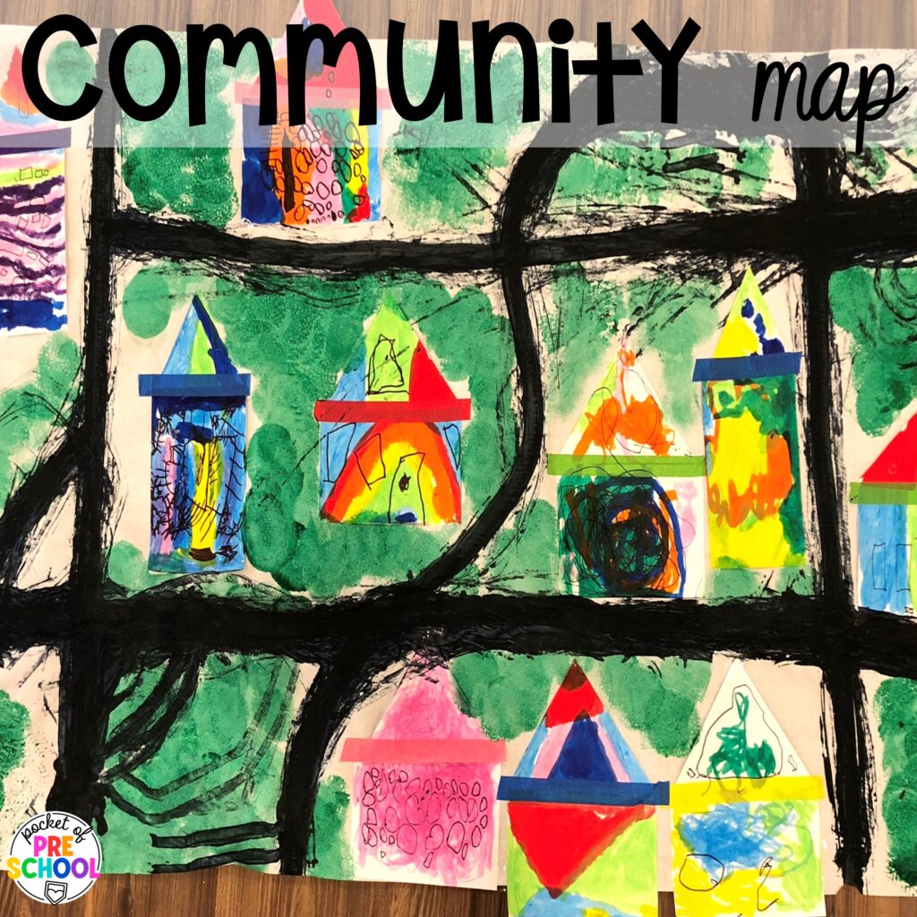 Community map! Community helpers butcher paper activities for literacy, math, and fine motor for preschool, pre-k, and kindergarten.