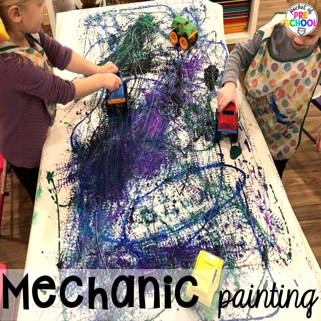 Mechanic painting! Community helpers butcher paper activities for literacy, math, and fine motor for preschool, pre-k, and kindergarten.