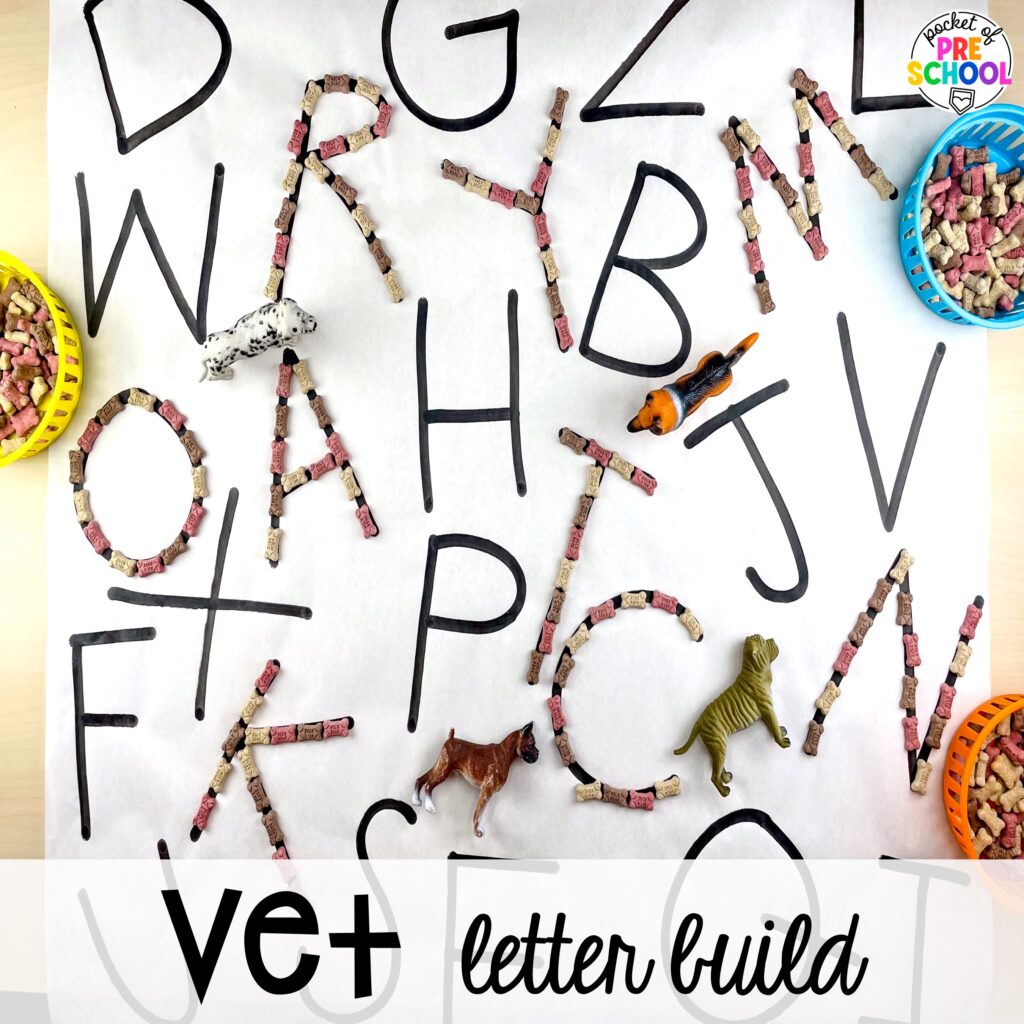 Vet letter build! Community helpers butcher paper activities for literacy, math, and fine motor for preschool, pre-k, and kindergarten.