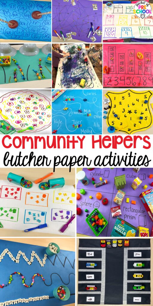 Community helpers butcher paper activities for literacy, math, and fine motor for preschool, pre-k, and kindergarten.