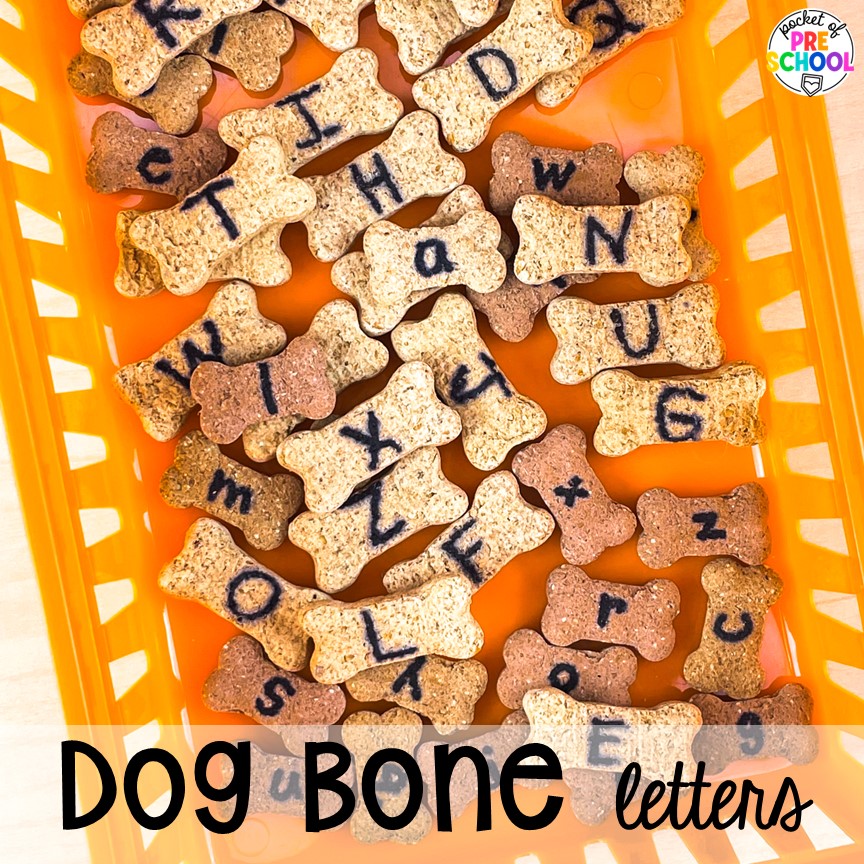 Dog bone letters! Pet themed activities and centers (freebies too) for preschool, pre-k, and kindergarten (math, writing, letters, rhyme, sensory, art, blocks, STEM, dramatic play).