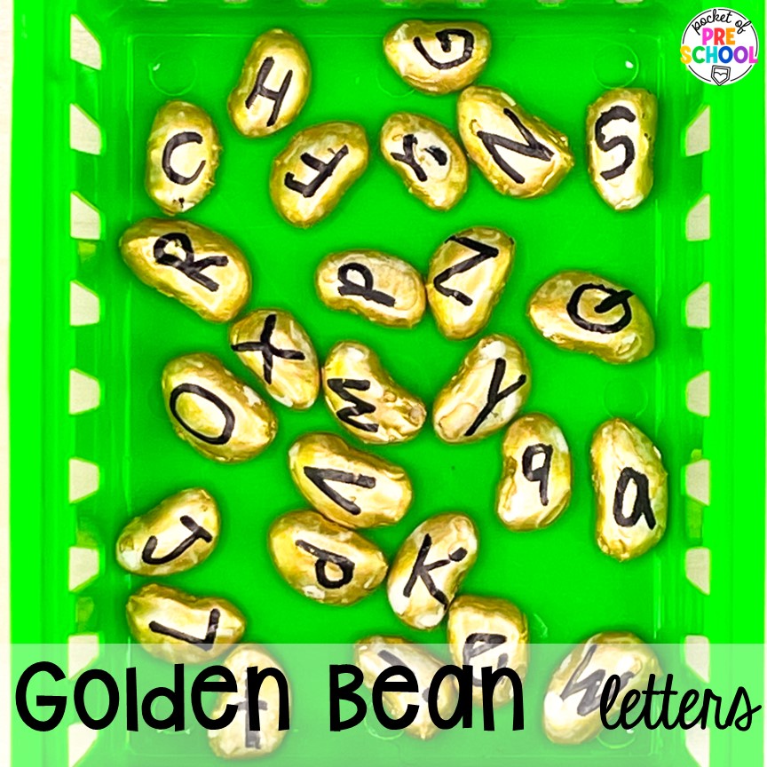 Golden bean letters! Fairy Tales activities for every center plus a shape crown freebie all designed for preschool, pre-k, and kindergarten #fairytalestheme #preschool #prek #kindergarten