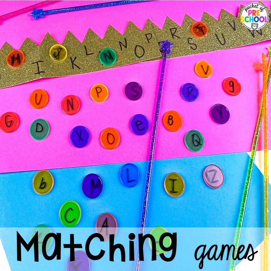 Matching games! Fairy Tales activities for every center plus a shape crown freebie all designed for preschool, pre-k, and kindergarten #fairytalestheme #preschool #prek #kindergarten