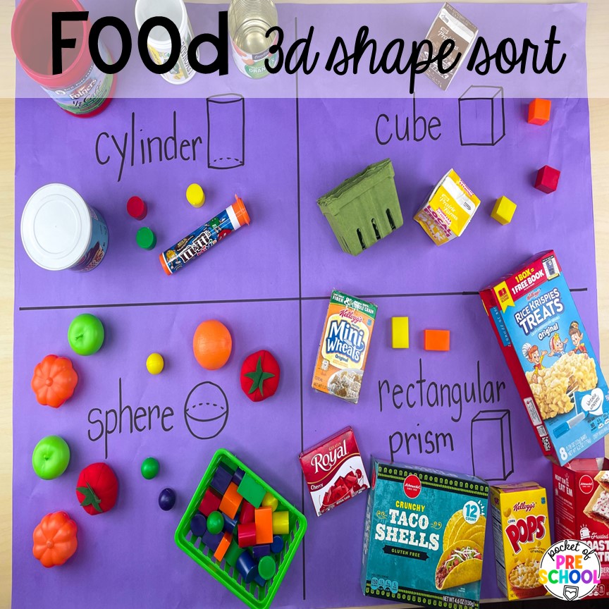 Food 3D shape sort! Food and nutrition activities and centers for preschool, pre-k, and kindergarten. Reading, writing, math, fine motor, STEM, and art.