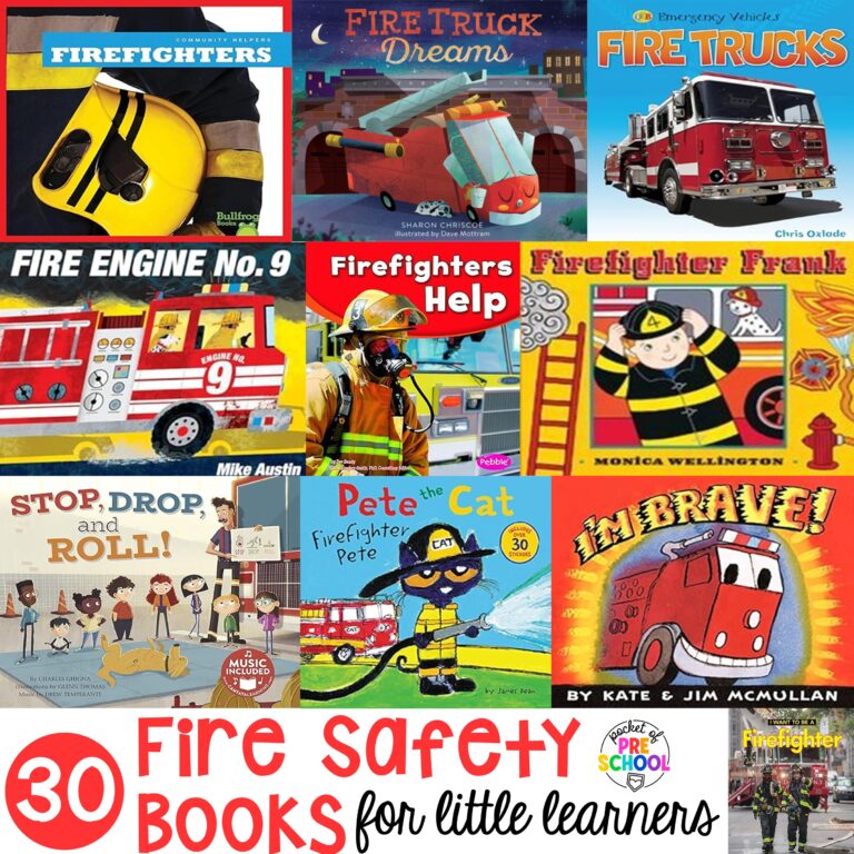 30 books about fire safety perfect for preschool, pre-k, and kindergarten students. Use during a community helpers theme, fire safety theme, or for fire safety month.