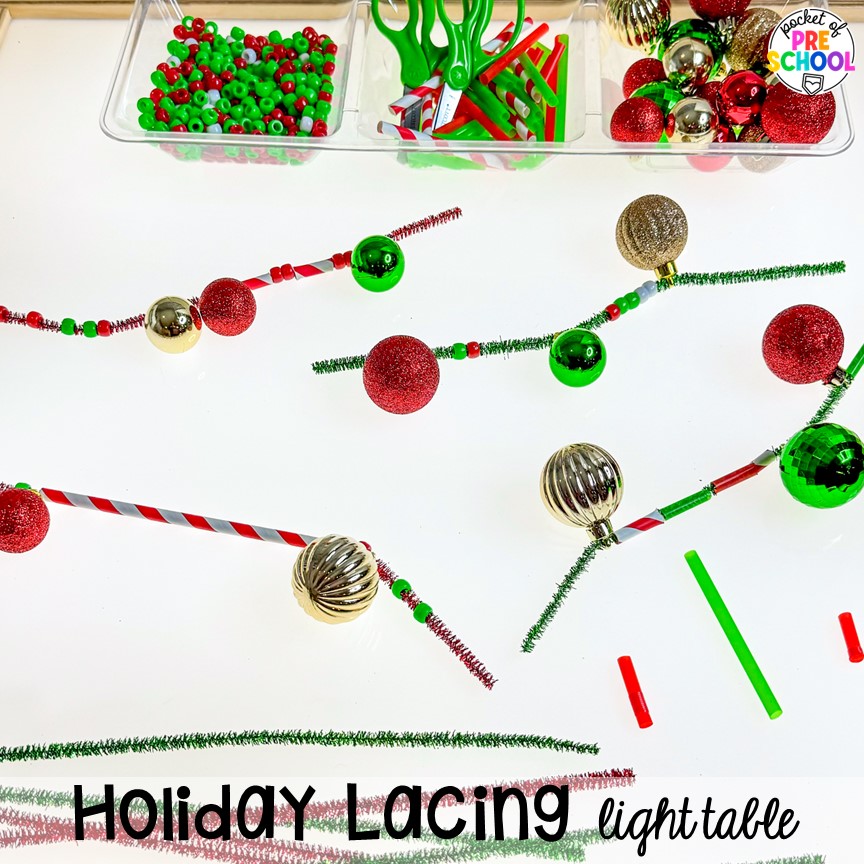 Holiday lacing light table! My go to Christmas themed math, writing, fine motor, sensory, reading, and science activities for preschool and kindergarten.