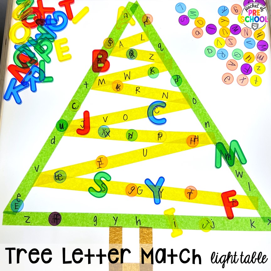 Tree letter match light table! My go to Christmas themed math, writing, fine motor, sensory, reading, and science activities for preschool and kindergarten.