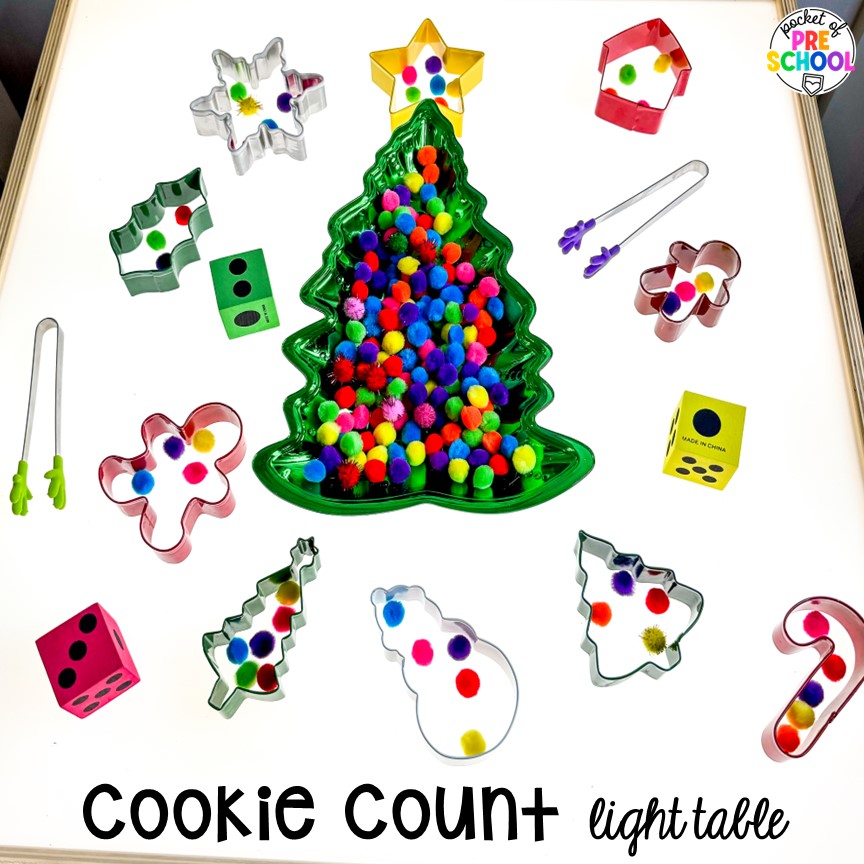 Cookie count light table! My go to Christmas themed math, writing, fine motor, sensory, reading, and science activities for preschool and kindergarten.