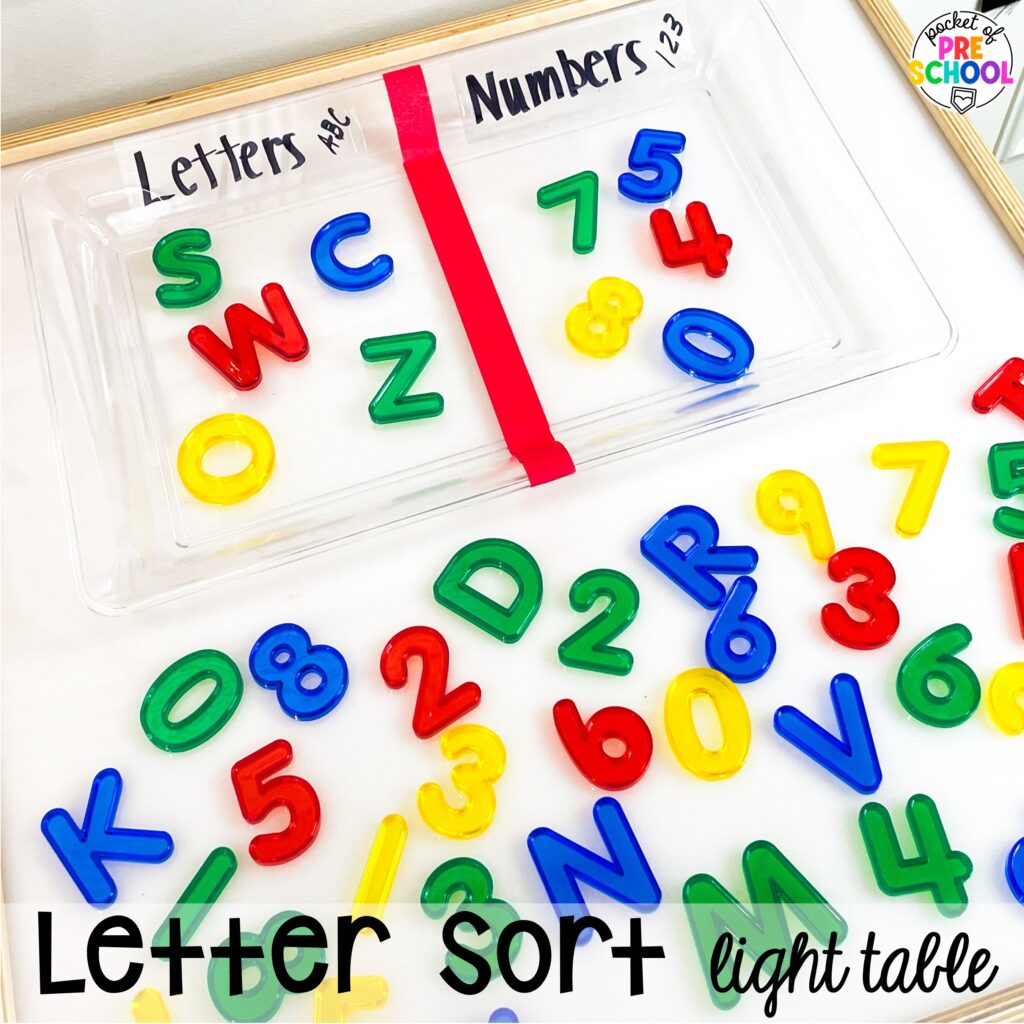 Letter sort light table! School theme activities and centers (letters, counting, fine motor, sensory, blocks, science)! Preschool, pre-k, and kindergarten will love it. #schooltheme #schoolactivities #preschool #prek #backtoschool #kindergarten