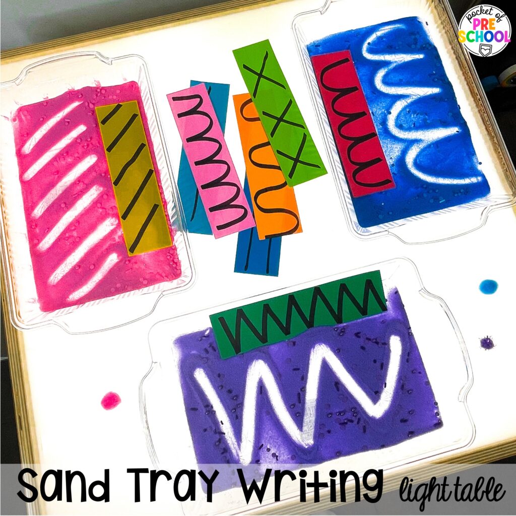 Sand tray writing light table! Fairy Tales activities for every center plus a shape crown freebie all designed for preschool, pre-k, and kindergarten #fairytalestheme #preschool #prek #kindergarten