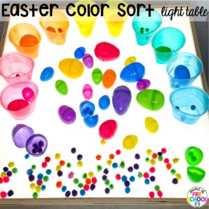 Easter color sort light table! Easter-themed centers and activities that are sure to egg-cite your preschool, pre-k, and kindergarten students!