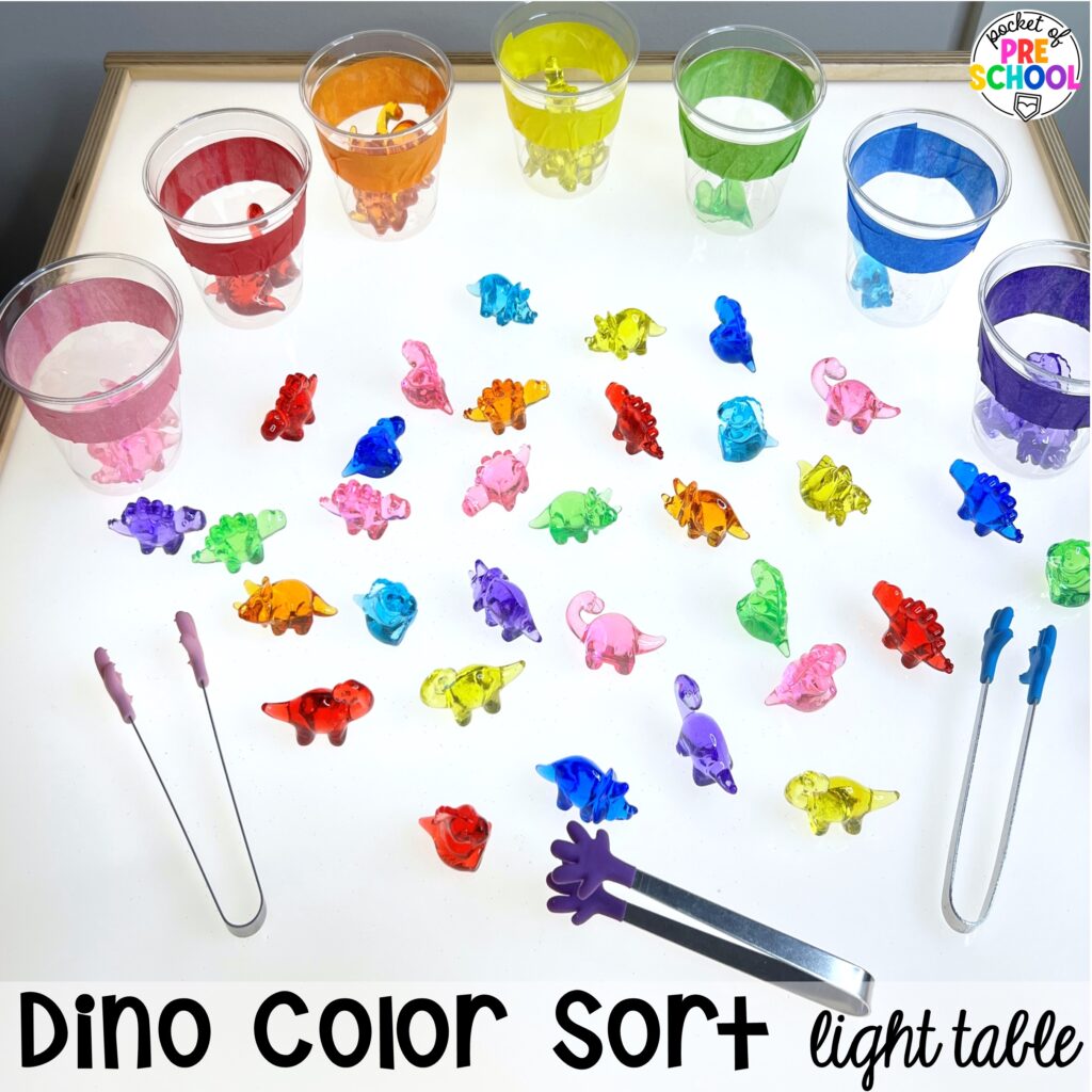 Dino color sort light table! Dinosaur freebies plus tons of dinosaur themed activities & centers your preschool, pre-k, and kindergarten students will love! #preschool #pocketofpreschool #dinosaurtheme