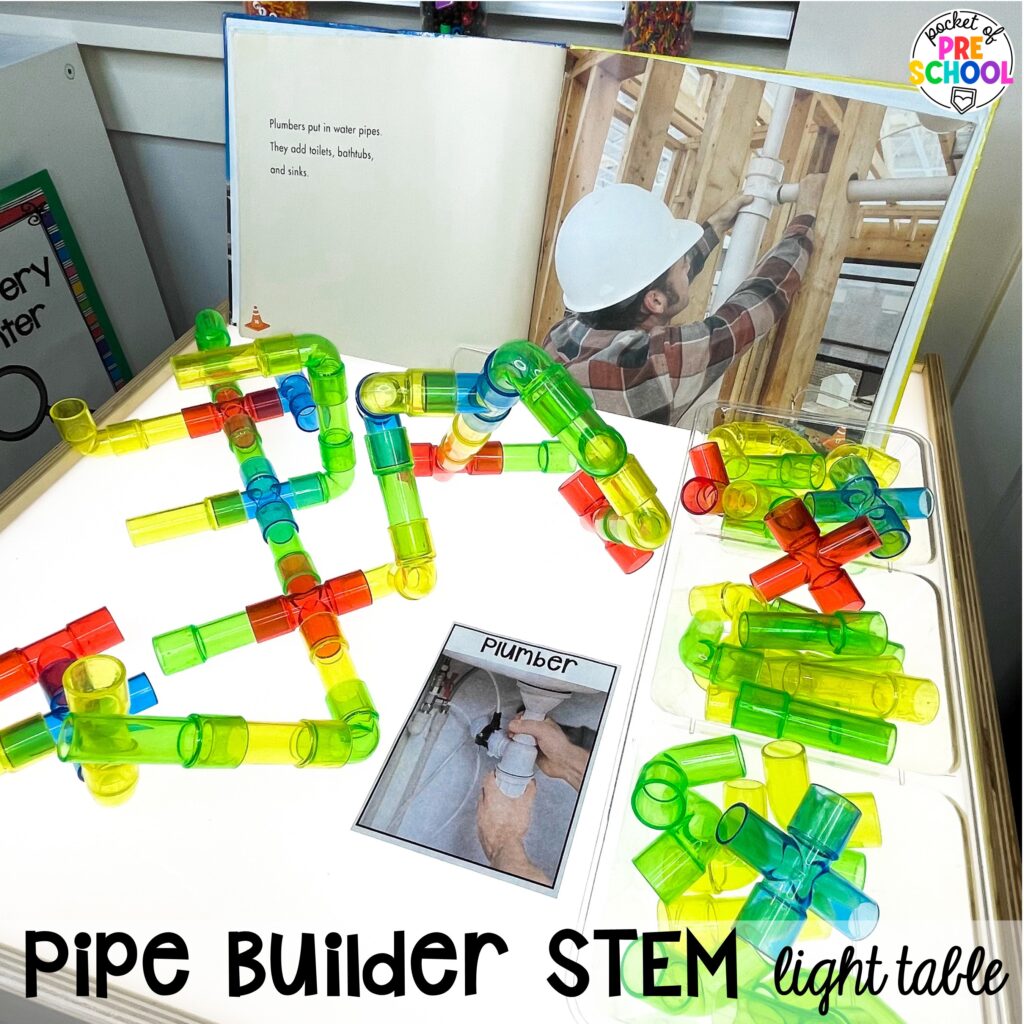 Pipe builder STEM light table! Community Helper themed activities and centers for preschool, pre-k, and kindergarten. Plus FREE community signs & fire printable.