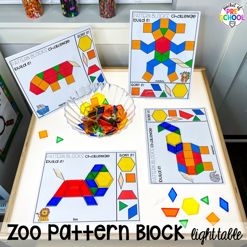 Zoo pattern block light table! FREE desert art pattern plus all my go to ZOO themed activities (math, literacy, fine motor, science, sensory) for preschool, pre-k, and kindergarten