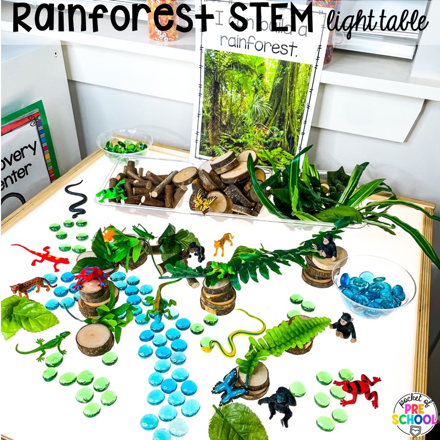 Rainforest STEM light table! FREE desert art pattern plus all my go to ZOO themed activities (math, literacy, fine motor, science, sensory) for preschool, pre-k, and kindergarten