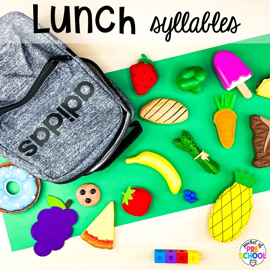 Lunch syllables! School theme activities and centers (letters, counting, fine motor, sensory, blocks, science)! Preschool, pre-k, and kindergarten will love it. #schooltheme #schoolactivities #preschool #prek #backtoschool #kindergarten