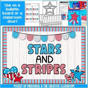 Create a cute USA Patriotic bulletin board for your preschool, pre-k, kindergarten, or first-grade classroom! It's the perfect display for the hallway, door, or classroom bulletin board for a USA theme, 4th of July theme, President's Day, or election time.