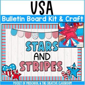 Create a cute USA Patriotic bulletin board for your preschool, pre-k, kindergarten, or first-grade classroom! It's the perfect display for the hallway, door, or classroom bulletin board for a USA theme, 4th of July theme, President's Day, or election time.