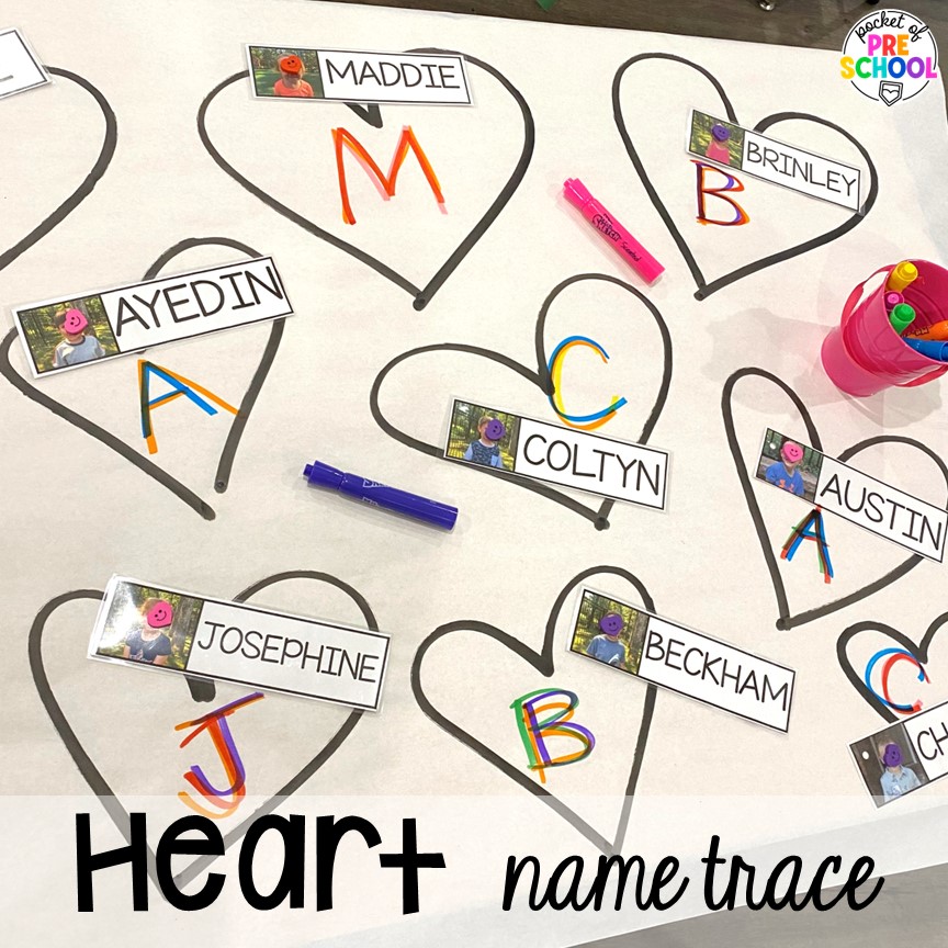 Heart name trace! Candy Heart Pattern FREEBIE plus all my favorite Valentine's Day centers for themed writing, math, fine motor, sensory, literacy, and science activities for preschool and kindergarten.