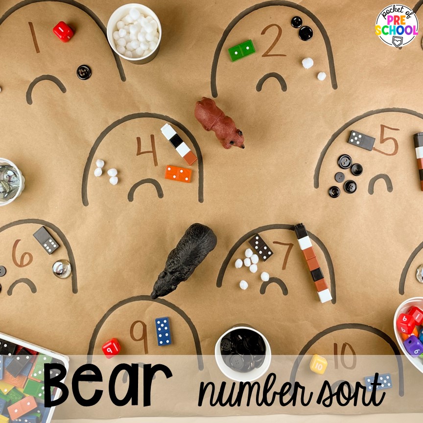 Bear number sort! Hibernation centers and activities for preschool, pre-k, and kindergarten. Free pre-writing cards! #hibernantiontheme #wintertheme #preschool #prek #kindergarten