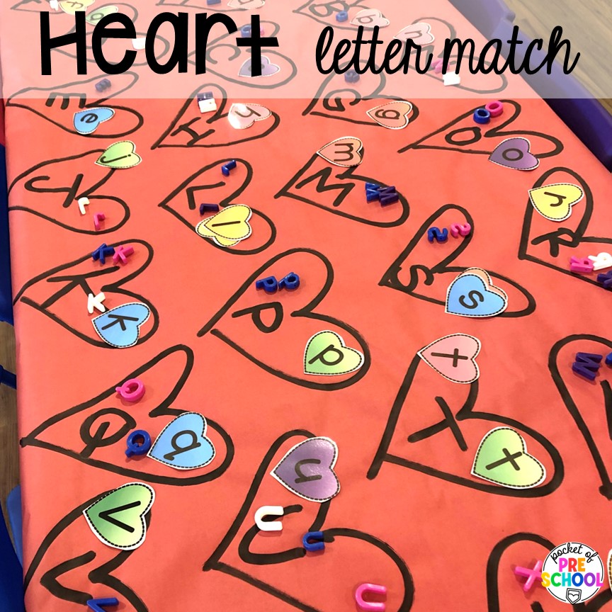 Heart letter match! Candy Heart Pattern FREEBIE plus all my favorite Valentine's Day centers for themed writing, math, fine motor, sensory, literacy, and science activities for preschool and kindergarten.