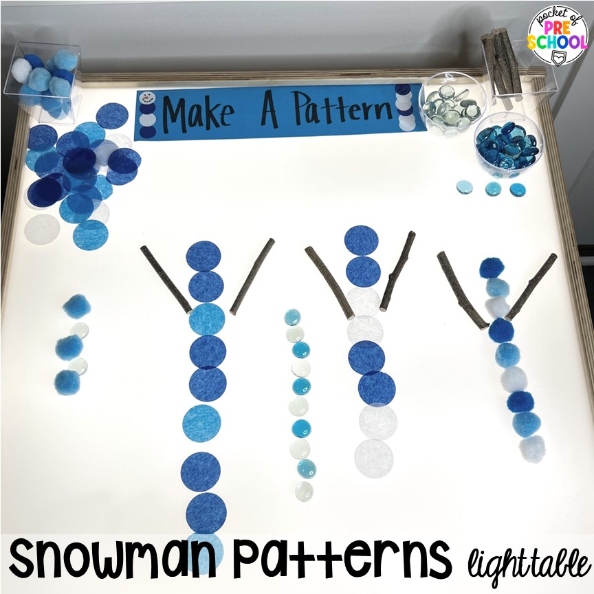 Snowman patterns light table! Snowmen activities and centers (FREEBIES too) just right for preschool, pre-k, and kindergarten. #snowmanactivities #wintertheme #preschool #prek