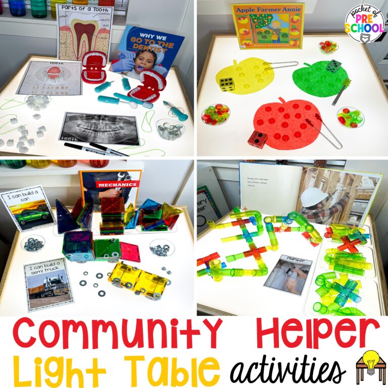 15 community helper light table ideas for preschool, pre-k, and kindergarten students to practice math, literacy, & STEM skills.