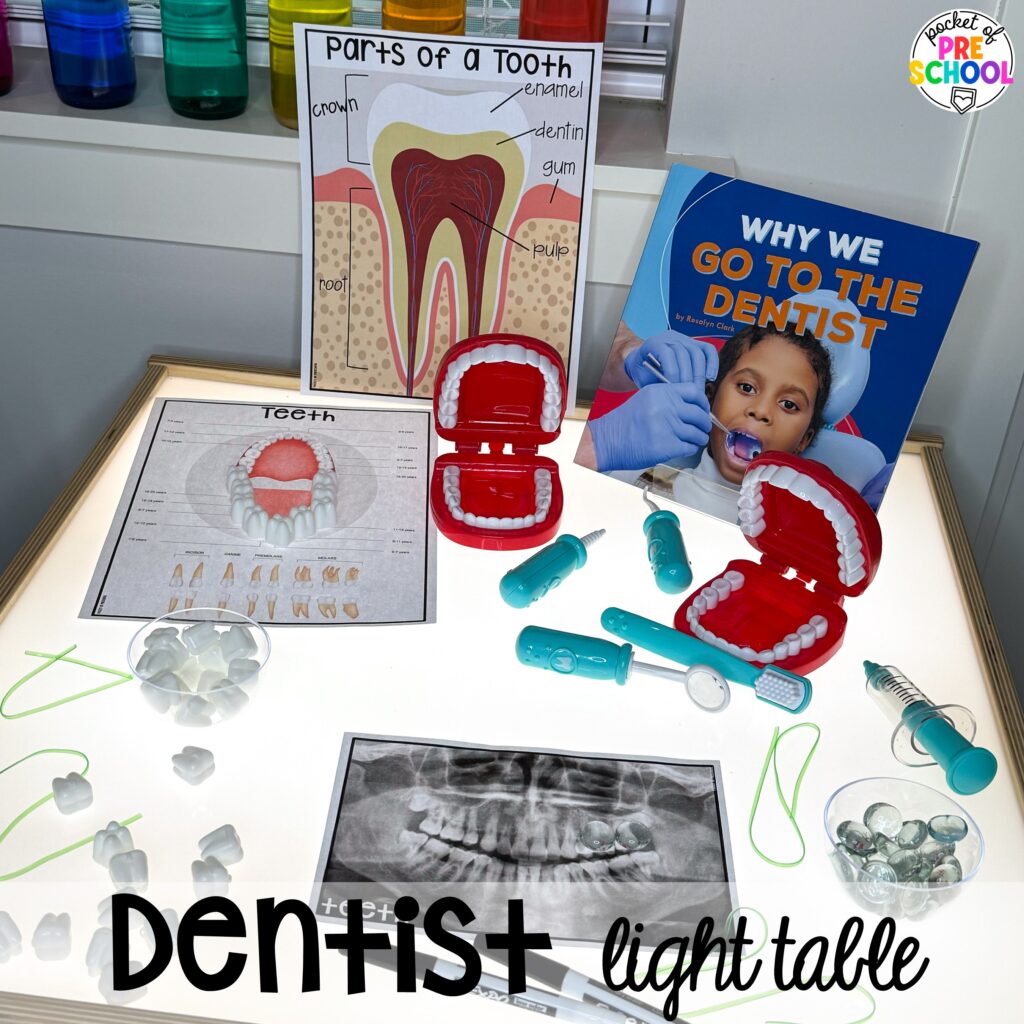 Dentist light table! Dental health themed activities and centers for preschool, pre-k, and kindergarten (FREEBIES too) #dentalhealththeme #preschool #pre-k #tooththeme