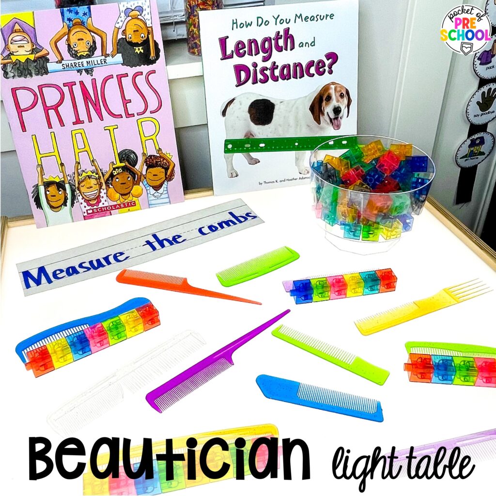 Beautician light table! 15 community helper light table ideas for preschool, pre-k, and kindergarten students to practice math, literacy, & STEM skills.