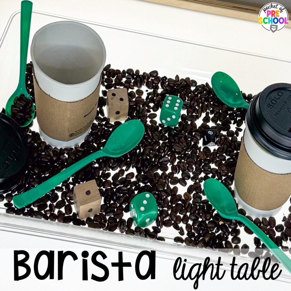 Barista light table! 15 community helper light table ideas for preschool, pre-k, and kindergarten students to practice math, literacy, & STEM skills.