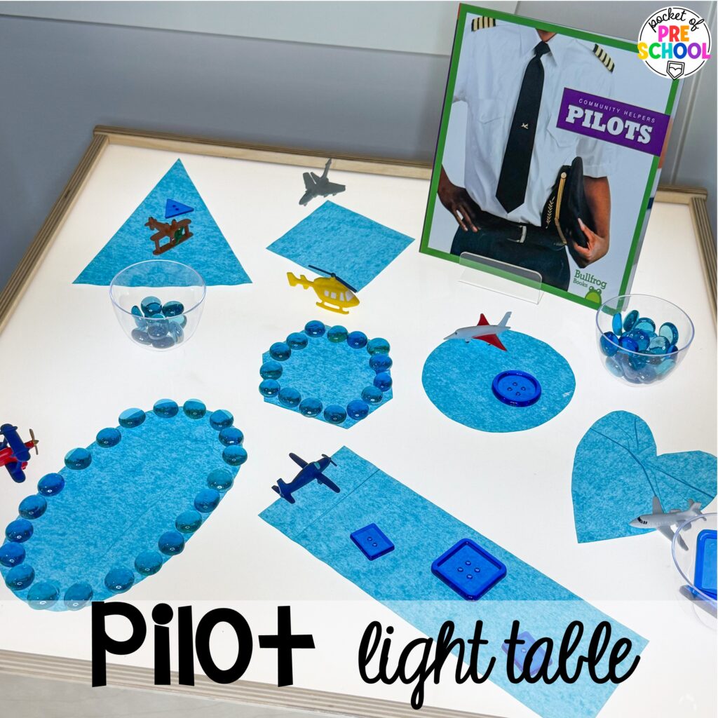 Pilot light table! 15 community helper light table ideas for preschool, pre-k, and kindergarten students to practice math, literacy, & STEM skills.