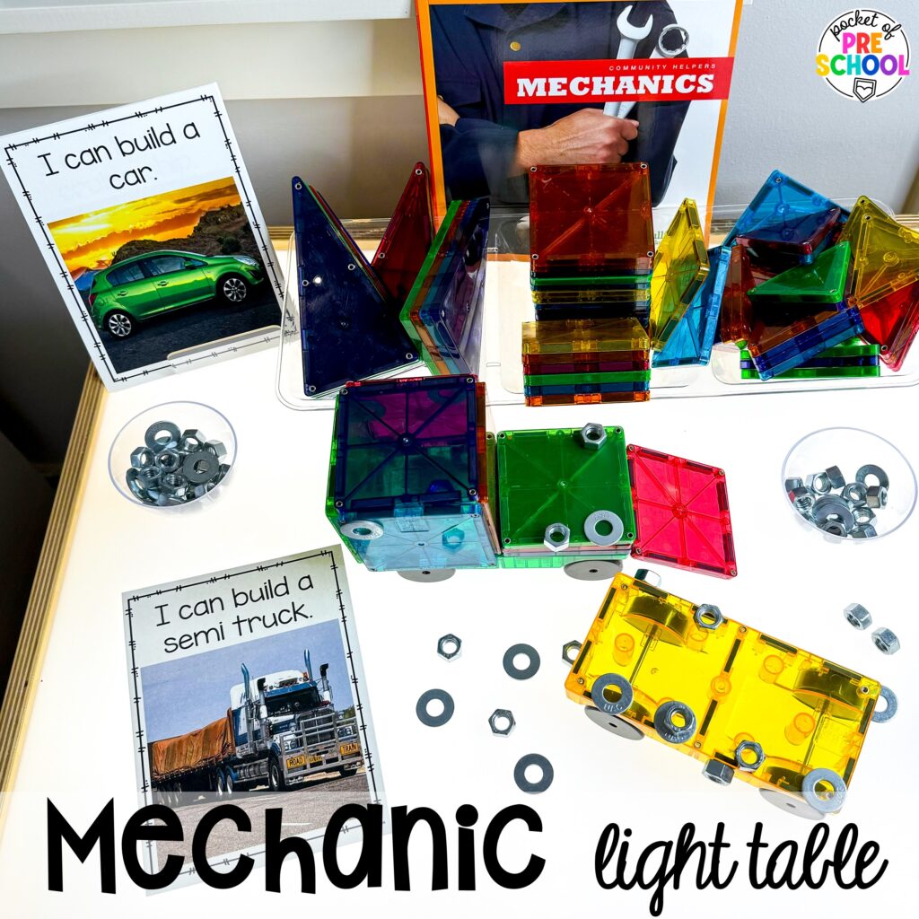 Mechanic light table! 15 community helper light table ideas for preschool, pre-k, and kindergarten students to practice math, literacy, & STEM skills.