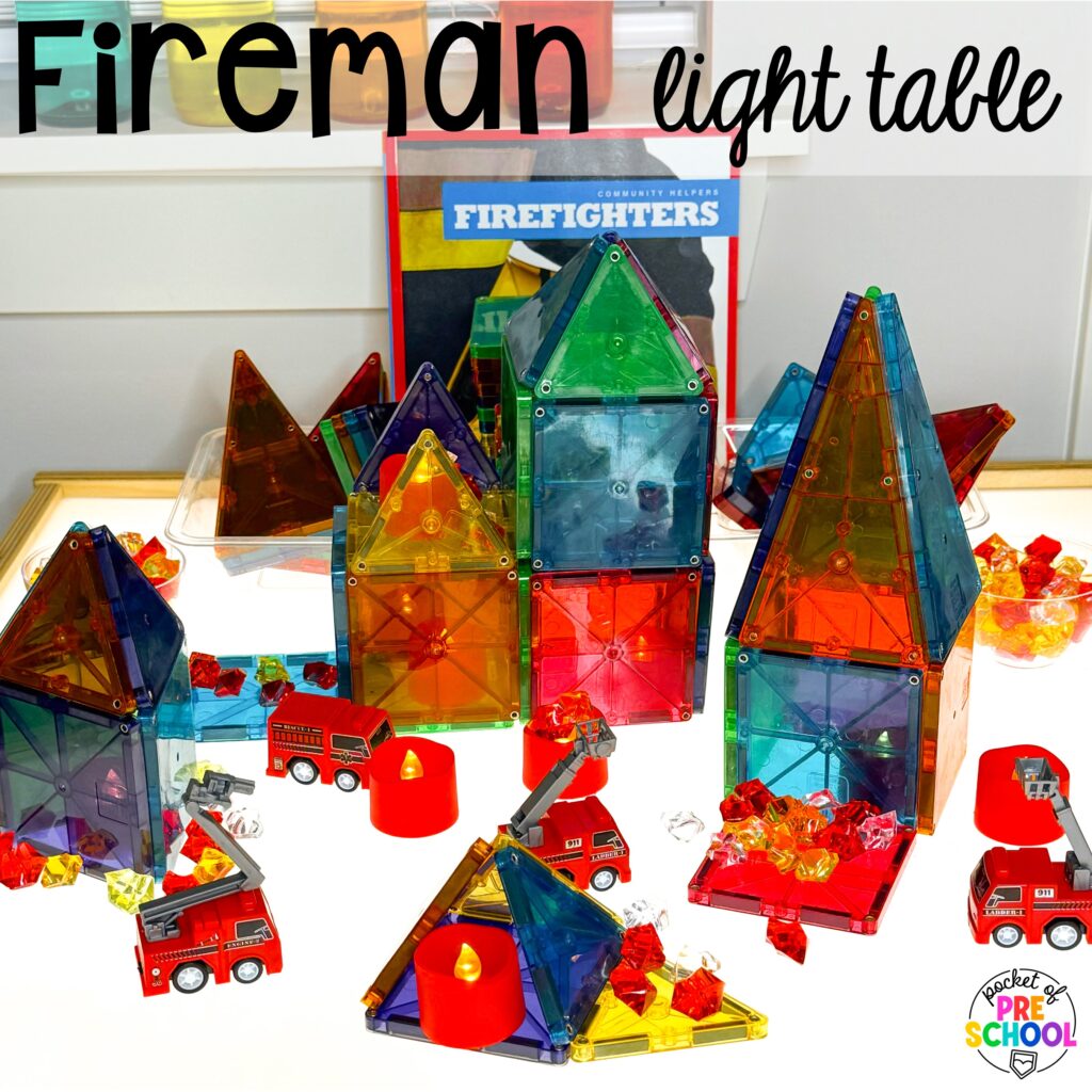 Fireman light table! 15 community helper light table ideas for preschool, pre-k, and kindergarten students to practice math, literacy, & STEM skills.