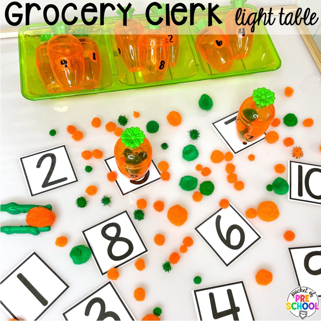 Grocery clerk light table! 15 community helper light table ideas for preschool, pre-k, and kindergarten students to practice math, literacy, & STEM skills.