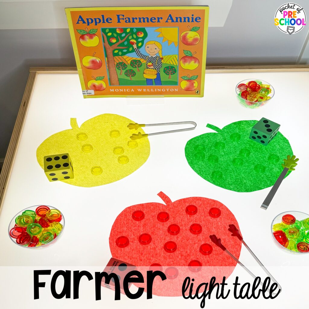 Farmer light table! Farm themed math, literacy, science, blocks, & stem activities that preschool, pre-k, and kindergarten students will LOVE (with FREEBIES)! #farmtheme #preschool #pre-k #preschoolcenters