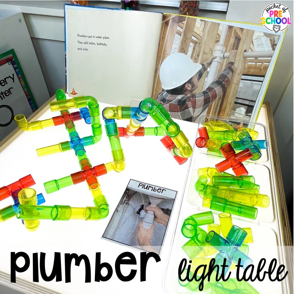 Plumber light table! 15 community helper light table ideas for preschool, pre-k, and kindergarten students to practice math, literacy, & STEM skills.