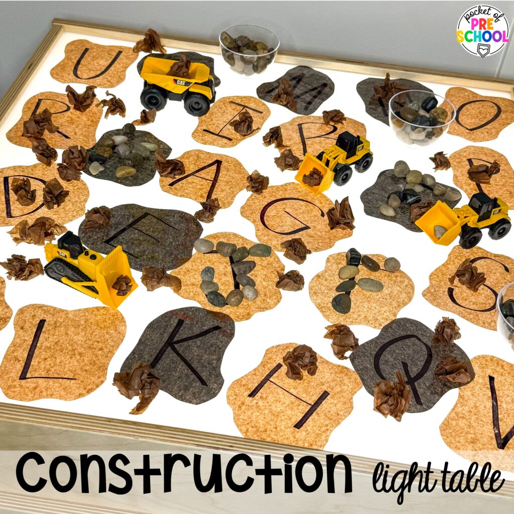 Construction light table! 15 community helper light table ideas for preschool, pre-k, and kindergarten students to practice math, literacy, & STEM skills.