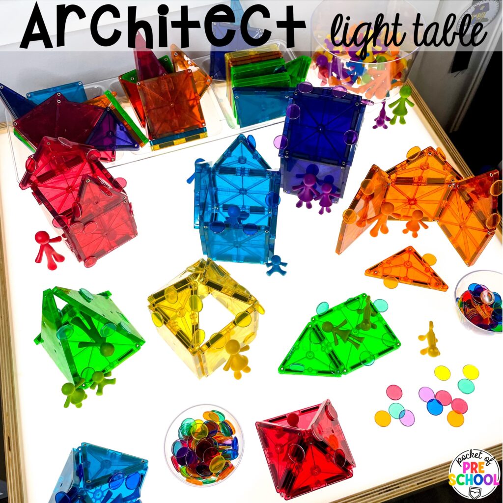 Architect light table! 15 community helper light table ideas for preschool, pre-k, and kindergarten students to practice math, literacy, & STEM skills.