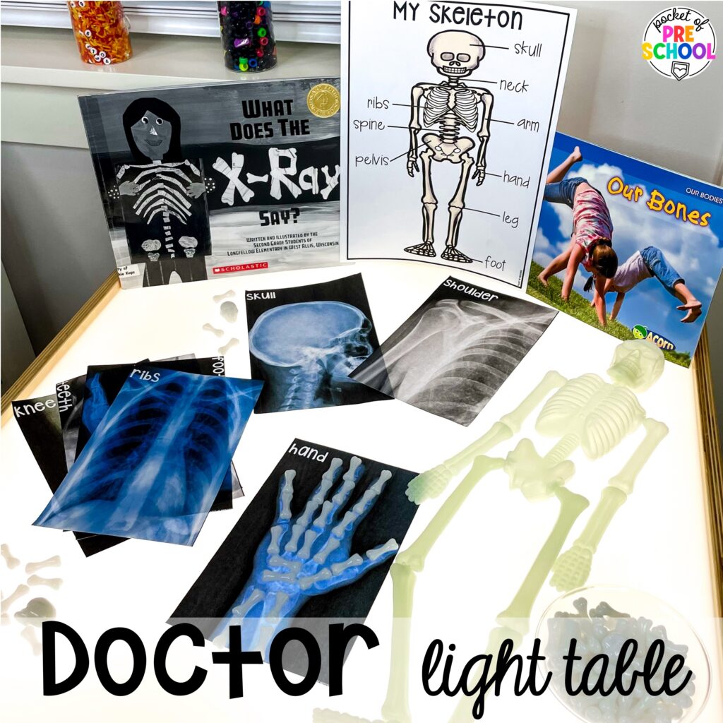 Doctor light table! 15 community helper light table ideas for preschool, pre-k, and kindergarten students to practice math, literacy, & STEM skills.