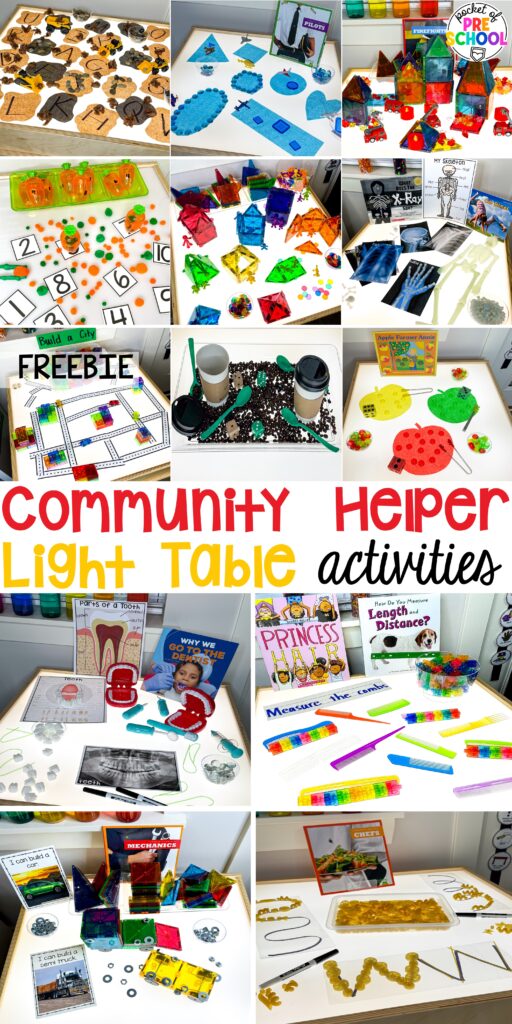 15 community helper light table activities for preschool, pre-k, and kindergarten students to practice math, literacy, & STEM skills.