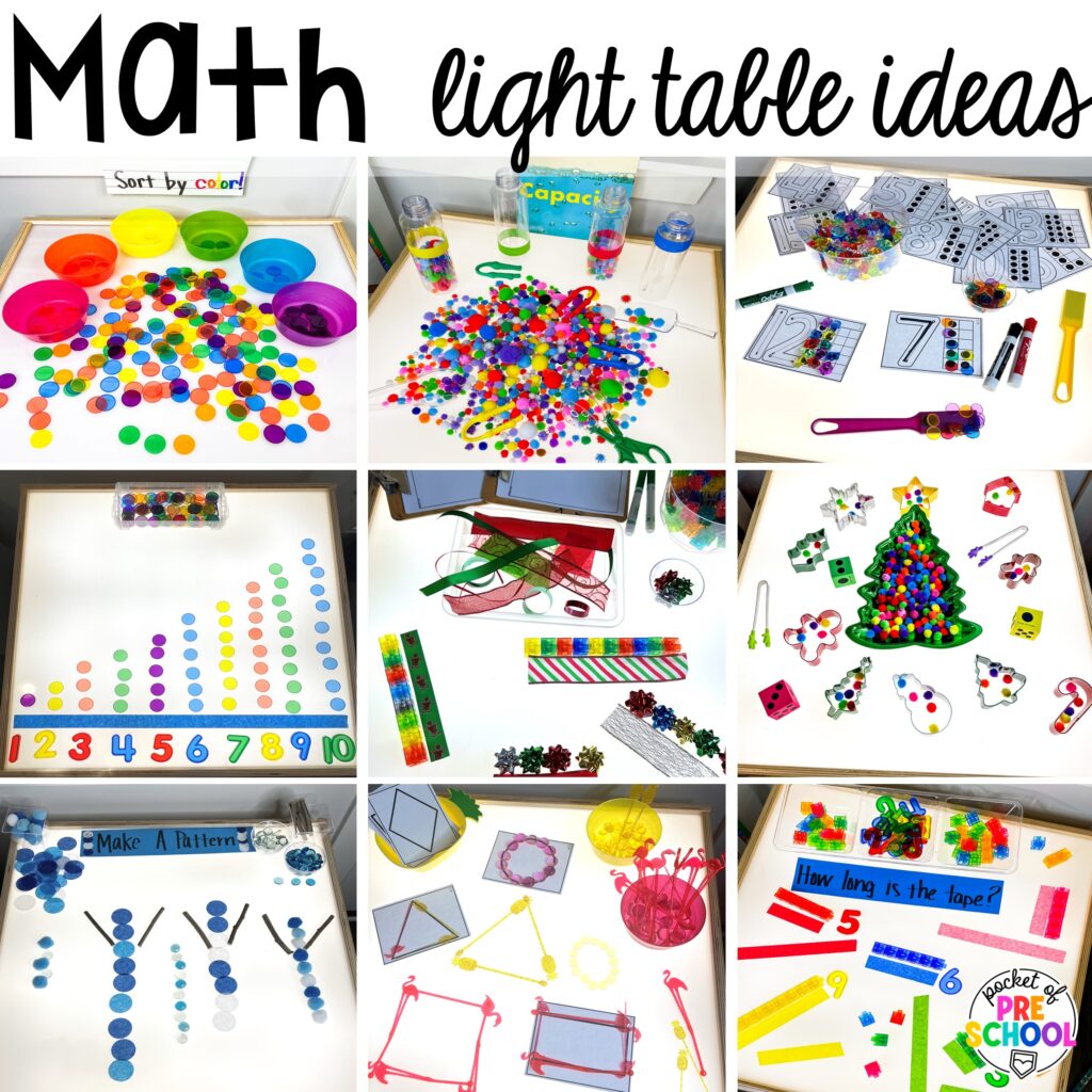 Math light table ideas! A giant light table round-up of preschool, pre-k, and kindergarten activities for the whole year!