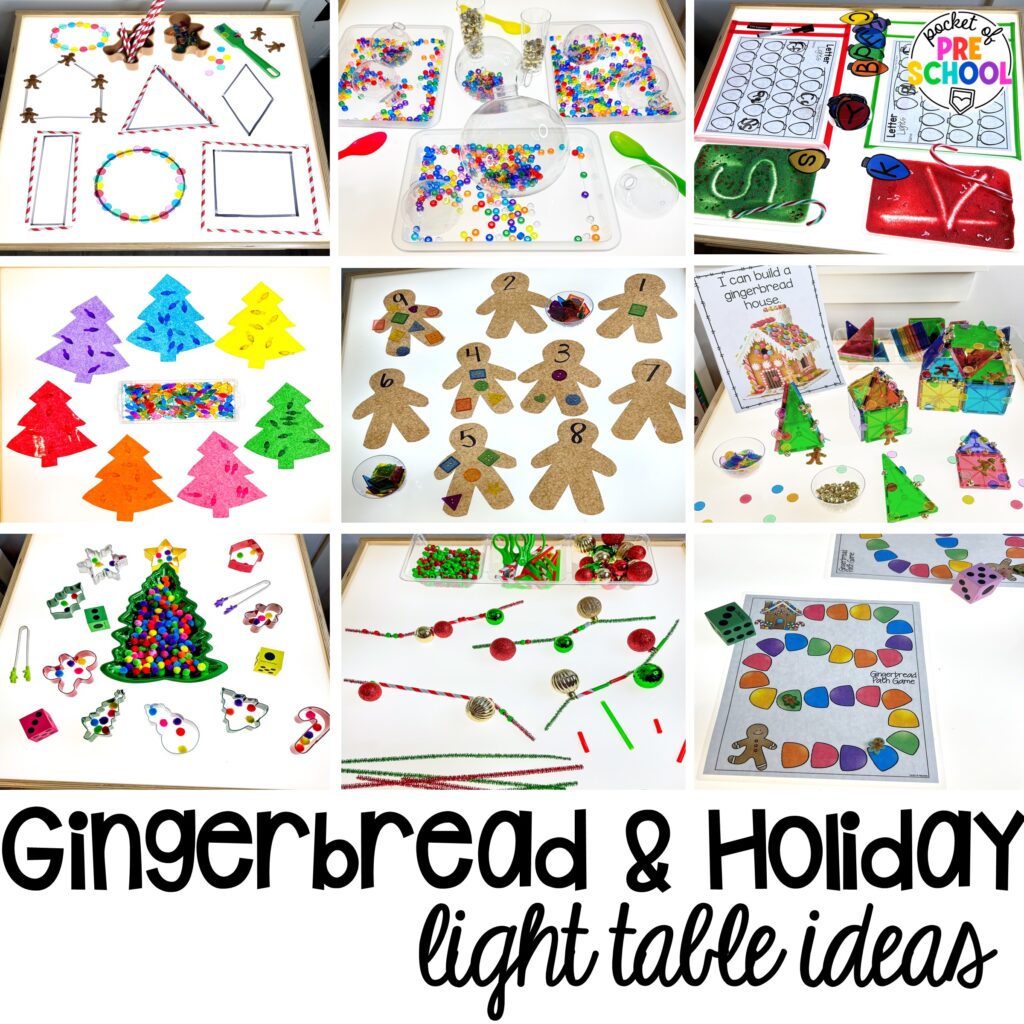 Gingerbread & Holiday light table ideas! A giant light table round-up of preschool, pre-k, and kindergarten activities for the whole year!